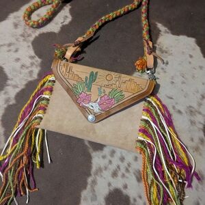 Boho Fringe Suede Crossbody Bag with Desert Artwork - Beige